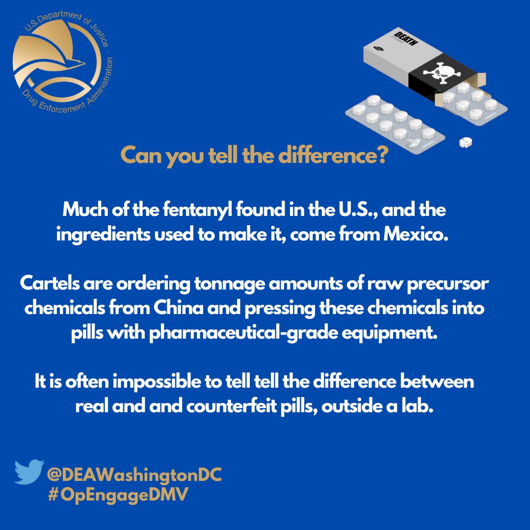 DEAWashingtonDC's tweet photo. #LearnMore about how you can tell the difference between a "safe" pill and a dangerous counterfeit pill
https://t.co/STMW6jNj7E
#OpEngageDMV #staysafe #overdosewareness https://t.co/O3qkbGDFOG