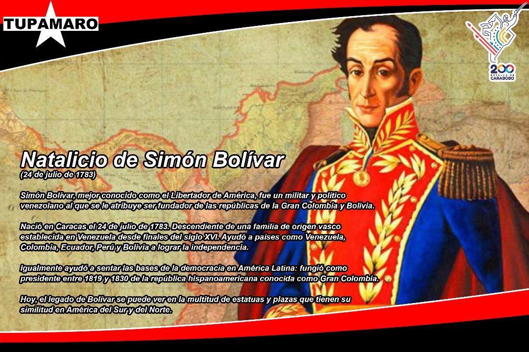 Conmemoramos  238 años del natalicio del Padre de la Patria Grande, el Libertador Simón Bolívar. Fue un militar y político venezolano, fundador de las repúblicas de la Gran Colombia y Bolivia. 
#ProduccionPopular