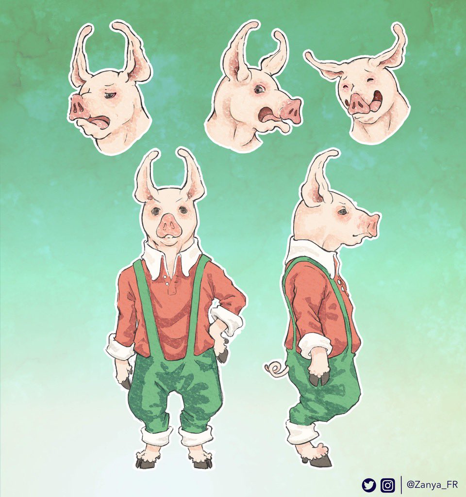 Zanya_FR's tweet photo. The second of the 3 little pigs, the one whose house was made out of wood.✨ I love his smug smile 😌

#the3littlepigs #pig #lumberjack #axe #illustration #turnaround #conceptart #character #characterart  #digitalart #art #artwork #drawing #zanya_FR https://t.co/BbYRA2Afik