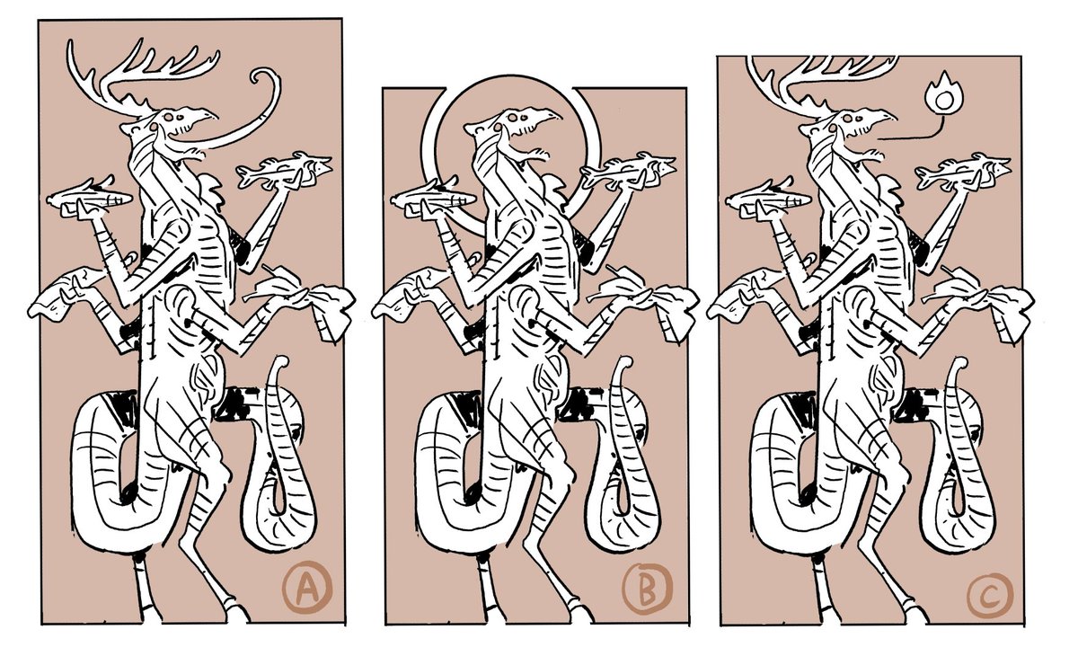 I'm trying to figure out a fertility monster that an old cult in the deep Smokies would've worshipped, and I'm reckoning on which here design is creepiest.
I like antlers because they can be independently present as iconography, but it might be scarier without? Let's vote! 1/2 