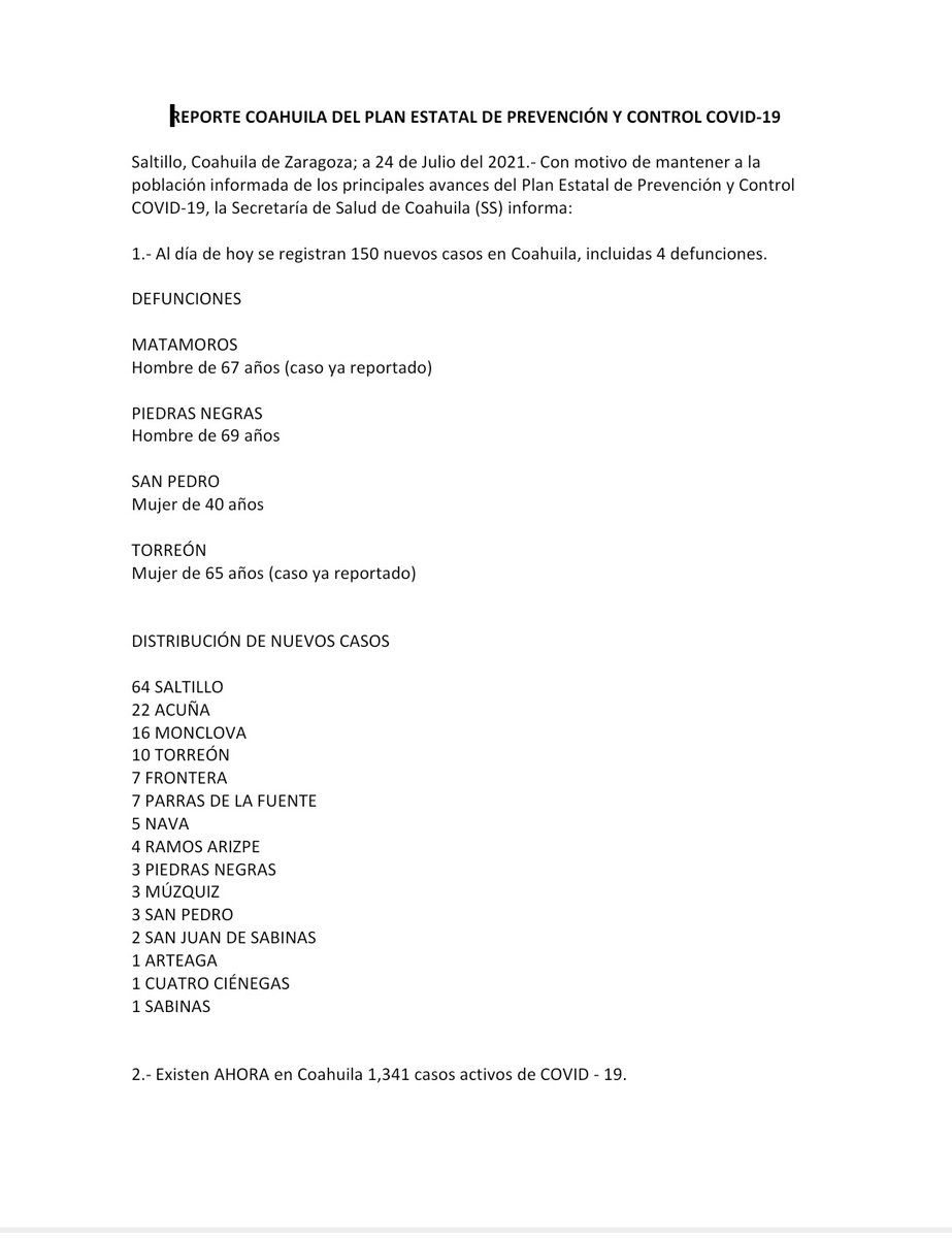 GobDeCoahuila's tweet photo. 📍#REPORTE #COAHUILA DEL PLAN ESTATAL DE PREVENCIÓN Y CONTROL #COVID_19

• Actualización 🗒️ sábado 24 de julio.

 Con motivo de mantener a la población informada de los principales avances del Plan Estatal de Prevención y Control COVID-19, la @SS_Coahuila informa: https://t.co/dVkL9TlIFc