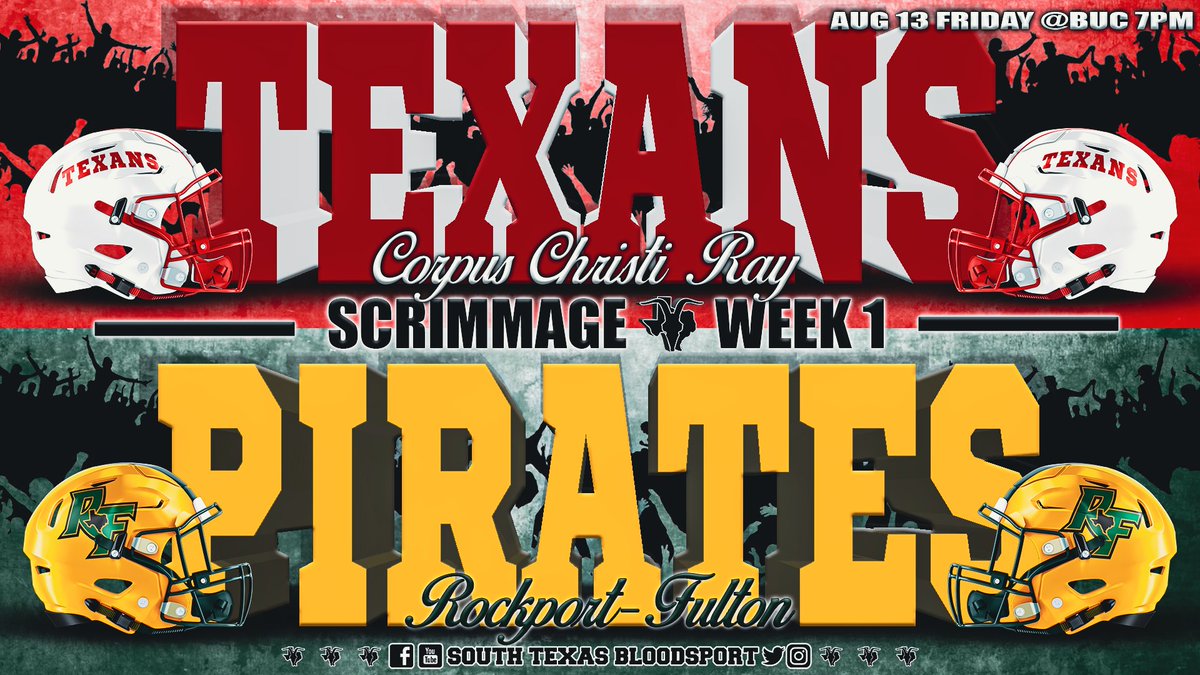 Can't wait till the season starts and scrimmages are only 3 weeks away so I'm doing some random scrimmage match-up graphics🏈😀 C.C. Ray Texans/Rockport-Fulton Pirates...