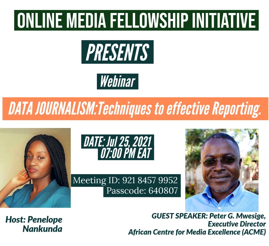 #MediaFellowship

This Sunday @pmwesige from @ACME_Uganda is our mentor hosted by @NankundaPenny

We shall be discussing DATA JOURNALISM

Time: Jul 25, 2021 07:00 PM EAT

Meeting ID: 921 8457 9952
Passcode: 640807