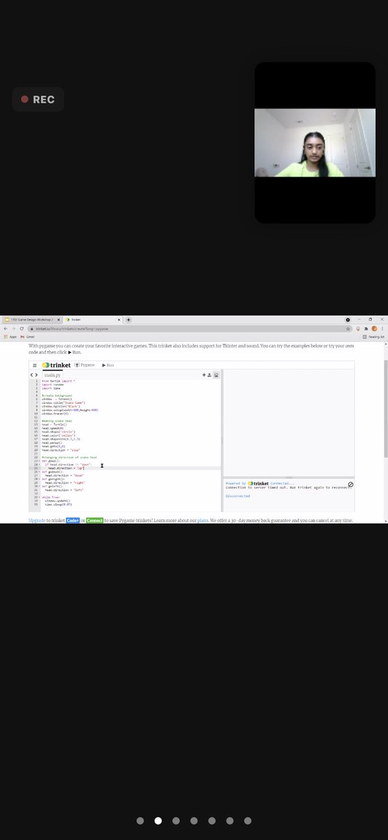 AgnesTtsf's tweet photo. Creating the background, snakehead shape, and changing the direction of the snake head. @teentechsf #ttsfsummerworkshops https://t.co/iGMdG6WX8Z