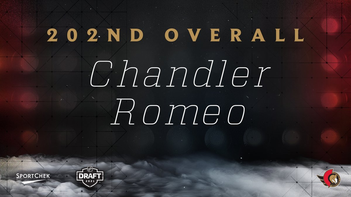 Senators's tweet photo. With the 202nd pick in the 2021 #NHLDraft, the #Sens select Chandler Romeo of the @OJHL99ers!
#GoSensGo https://t.co/JWKtbPyYui
