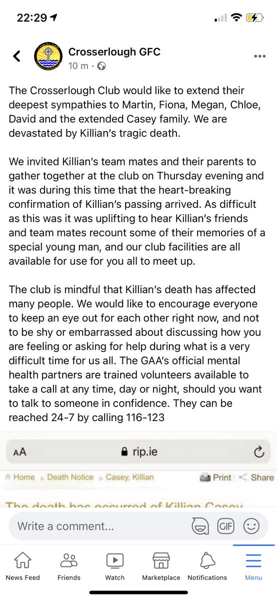 The Crosserlough Club would like to extend their deepest sympathies to Martin, Fiona, Megan, Chloe, David and the extended Casey family. We are devastated by Killian’s tragic death.