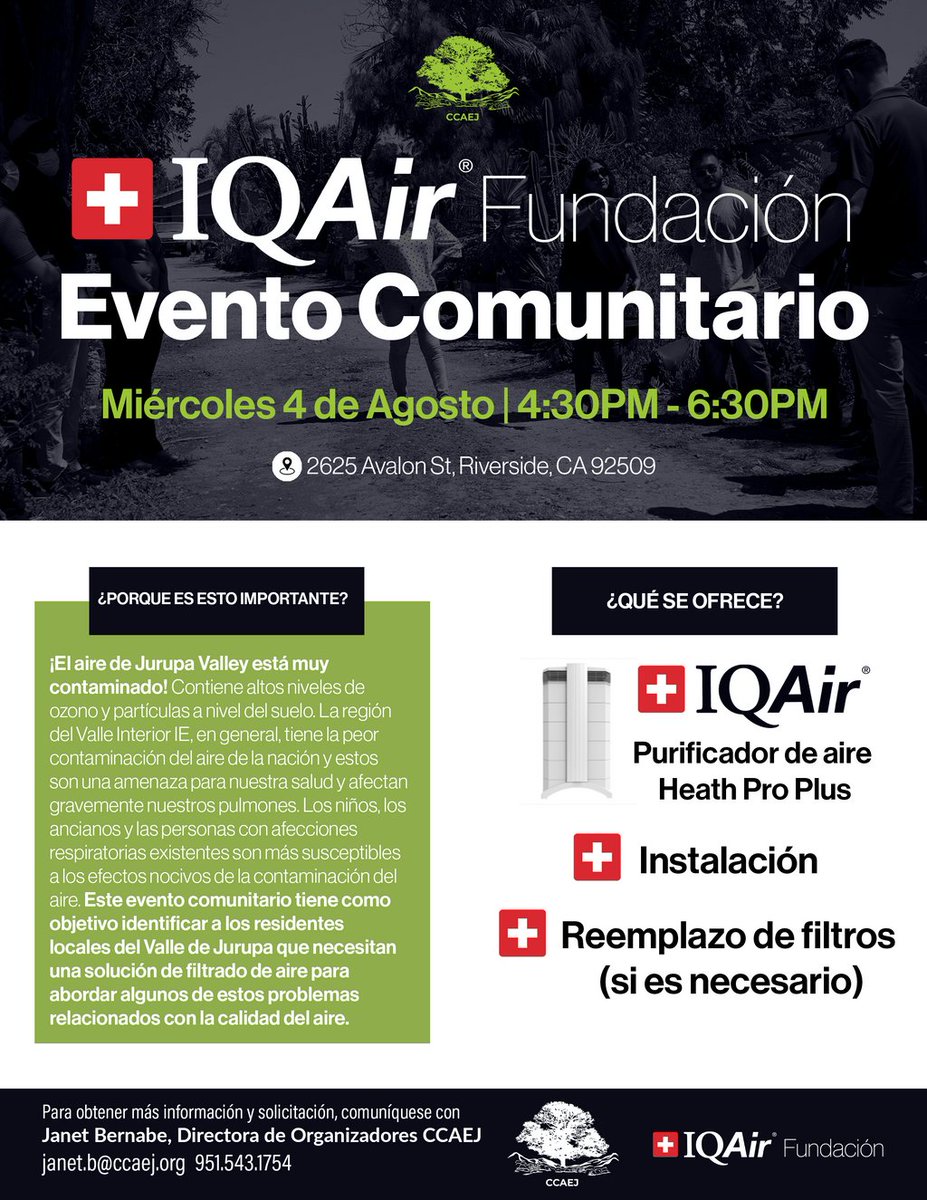 CCAEJ's tweet photo. We will be hosting a Community Event on August 4th from 4:30PM-6:30PM for Jurupa Valley Residents! Reach out to our Organizing Director, Janet Bernabe to see if you qualify for a free air filtration system (Only applies for Jurupa Valley residents) https://t.co/XX8GDZZwDG