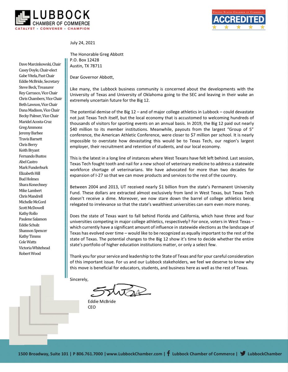 LubbockChamber's tweet photo. The Lubbock Chamber sent the following letter to @GovAbbott’s office regarding recent developments with the Big 12 conference.

https://t.co/ERTIm7vZLy https://t.co/Oz57DDWMcA