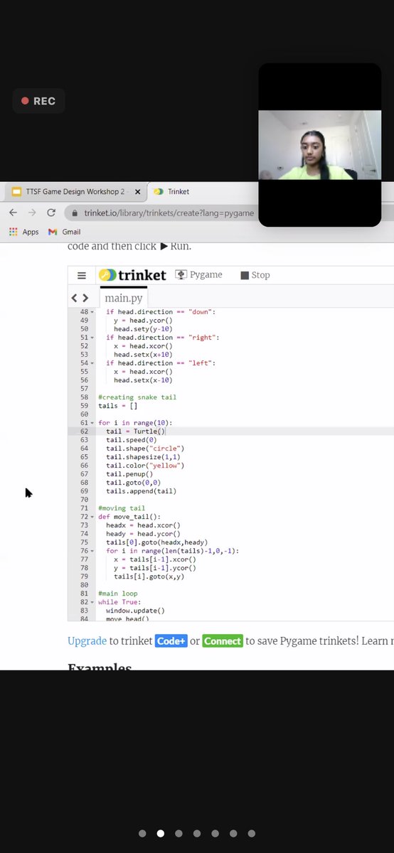 AgnesTtsf's tweet image. Moving on to the tail of the snake… @teentechsf #ttsfworkshops #pythongames #trinket