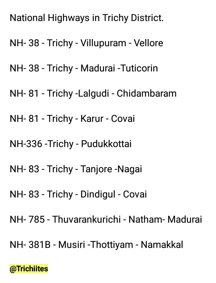 Trichiites's tweet photo. #TrichyInfra: National Highways in Trichy Districts.
#NH38 #NH81 #NH83 #NH336
#NH381B #NH785 #Chennai
#Coimbatore #Madurai #Vellore #Tuticorin #Tanjore #Karur #Pudukkottai #Chidambaram
#Dindigul #Namakkal #Musiri
#Nagappattinam #Thuvarankurichi https://t.co/rHb4SNmDLD
