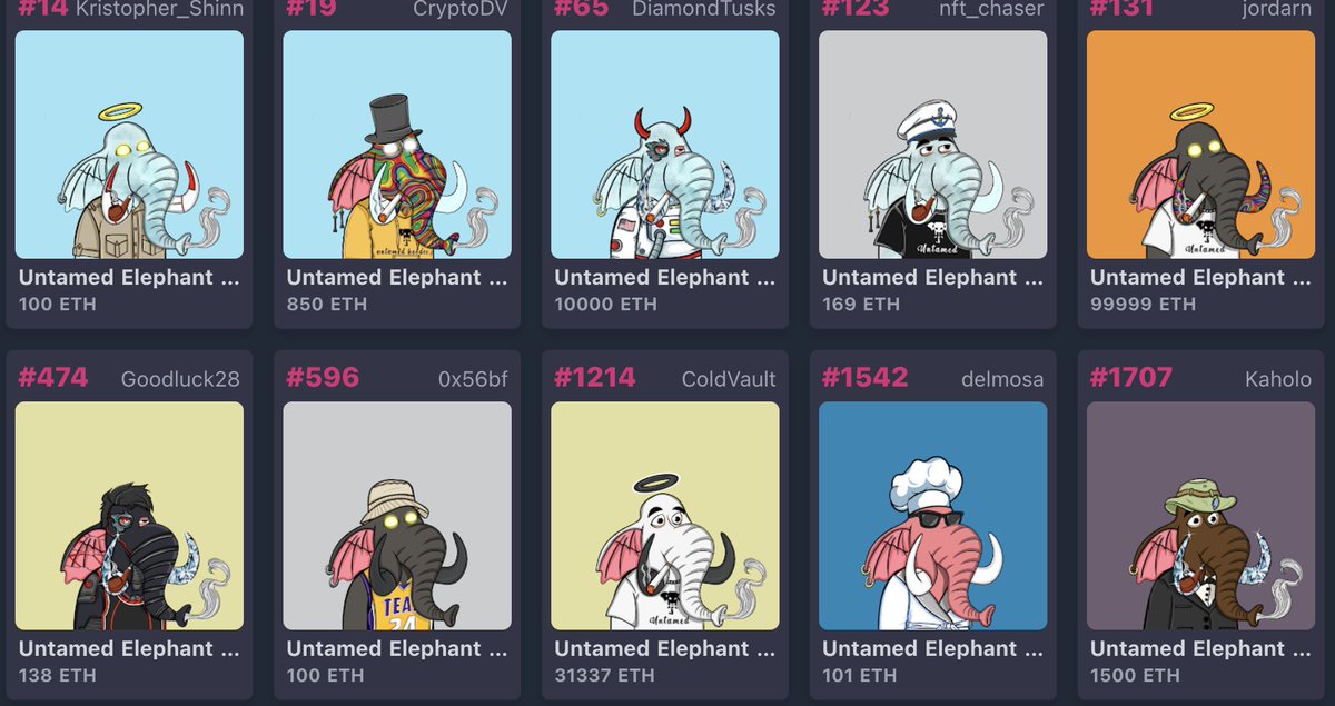 So I guess we're all holding on for the long run, huh? #65 and #1214 ain't joking around, serious $ETH #'s there 🤑🤑🤑🤑🐘 #UntamedElephants #phantgang <a href="/ElephantNFTS/">Nick Martell</a> #redhalocrew #blackhalobros #whitelasereyegang #yellowlasereyegang #devilhornmofos #ghostgang #diamondtuskdudes