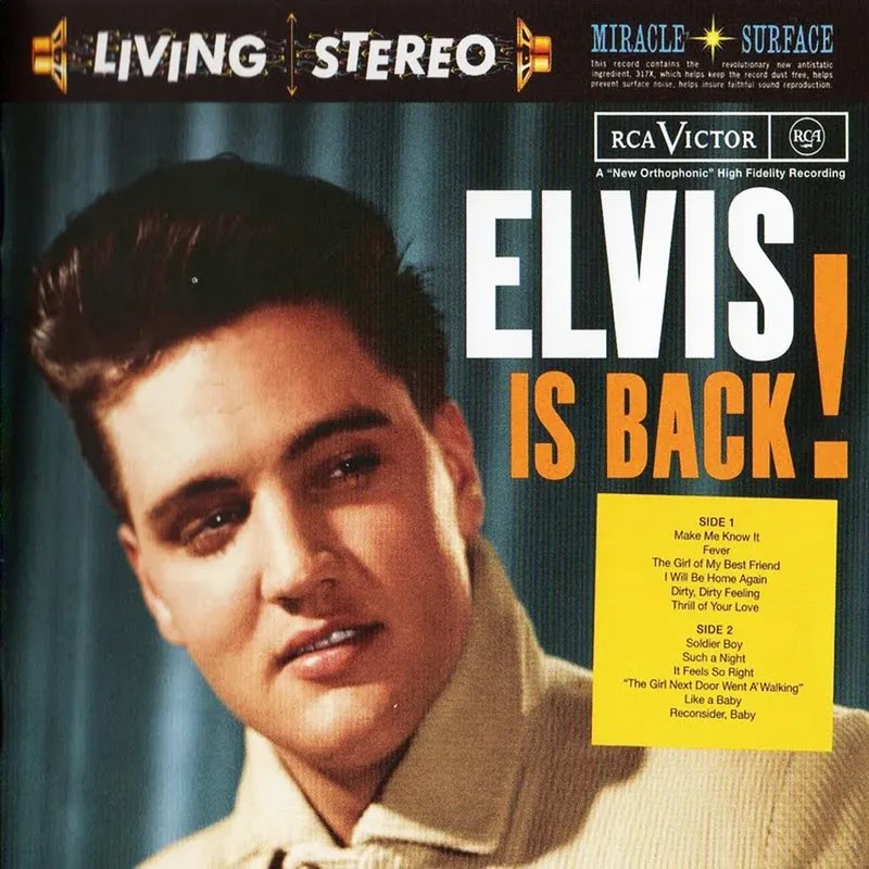 Today in 1960, #ElvisPresley’s #ElvisIsBack! hits #1 on the UK album chart for 1 week.

One of #Elvis’s finest LPs, it peaked at #2 in Billboard, held from the top spot by The #KingstonTrio’s #SoldOut.

#ElvisIsBack! had classics including #Fever, #SuchANight, & #ReconsiderBaby.
