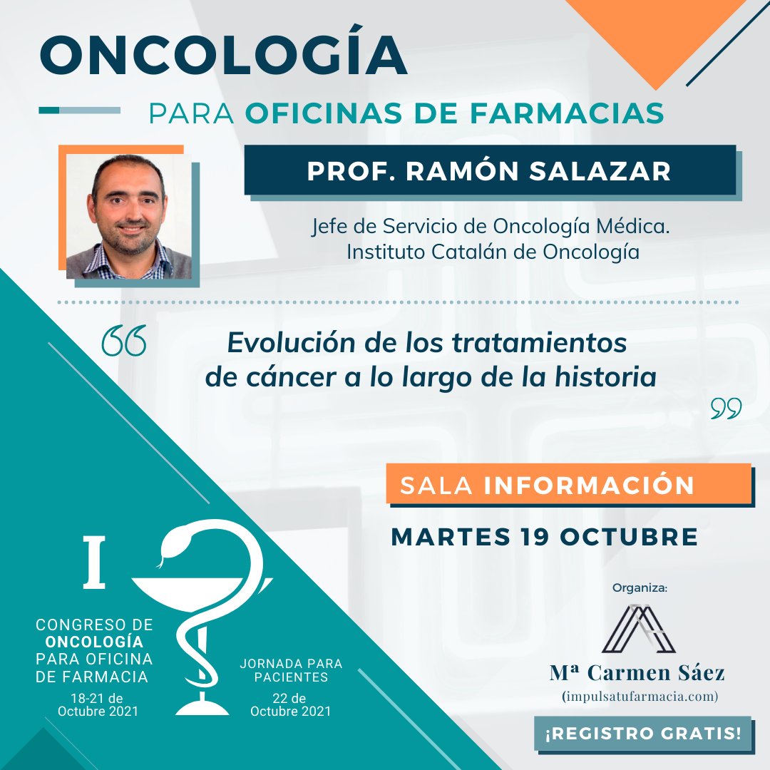 El día 19 de octubre en la sala Información con la ponencia del Jefe de Servicio de Oncología Médica del Instituto Catalán de Oncología, Profesor Ramón Salazar.
Si aún no te has inscrito, solicita tu invitación gratuita en el enlace bit.ly/OncologíaFarma…