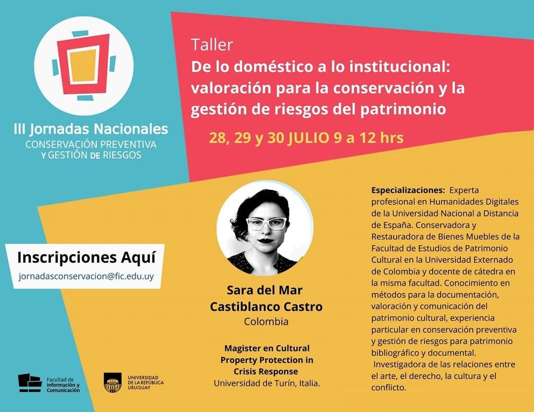 #ArquexInforma 📢  que nuestra querida profesora Sara del Mar Castiblanco 👩‍🎨 estará dictando un taller sobre conservación y riesgo ☢️, el próximo 28, 29 y 30 de julio, que no te puedes perder. Inscríbete en jornadasconservacion@fic.edu.uy ✍.