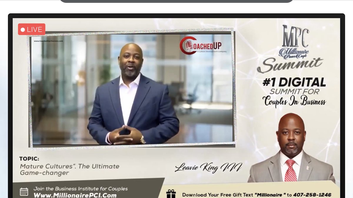 CoachedUp2rise's tweet photo. This virtual summit raised the bar!
Speakers…phenomenal! Graphics…phenomenal! The Millionaire Power Couples Summit team…phenomenal! 
Thank you to summit founders Eric &amp; Dr. Sakeisha for their vision and for choosing COACHEDUP!
#MillionairePowerCouplesSummit #LeavieDKingIII https://t.co/COXWnkxyhq