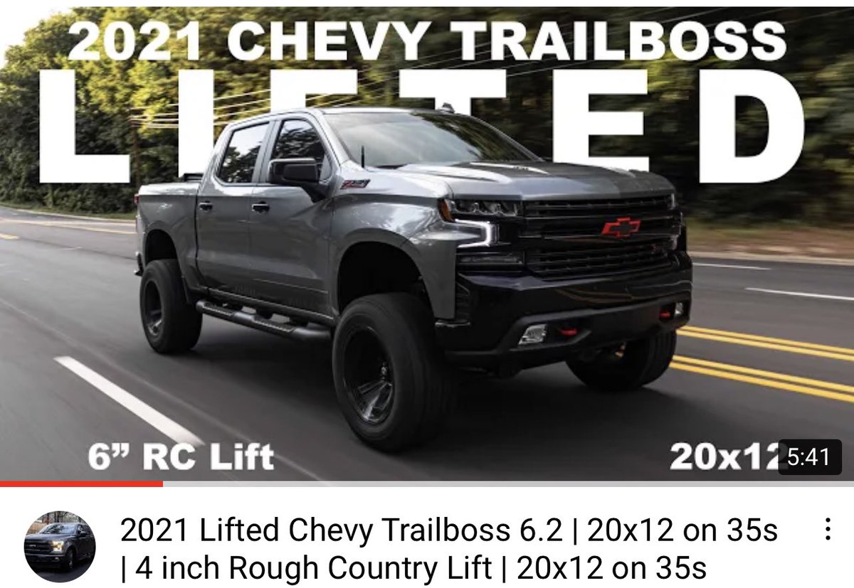 Y’all go watch, like, comment and subscribe ! So proud of what I did to my truck, go check it out ! 2021 Lifted Chevy Trailboss 6.2 | 20x12 on 35s | 4 inch Rough Country Li... youtu.be/OLTfjbFrmKA via @YouTube