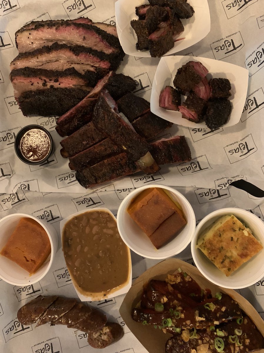ryancasci's tweet photo. BBQ Captain’s log: featuring @TejasChocolate. Currently #6 in Texas, and my personal favorite. Brisket, pork ribs, chili relleno sausage, crispy and crunchy ribs, burnt ends, carrot soufflè, cornbread casserole, pinto beans 10/10 #texasmonthlybbq #bbq #texasbbq #top10 https://t.co/LMkudHC5qt