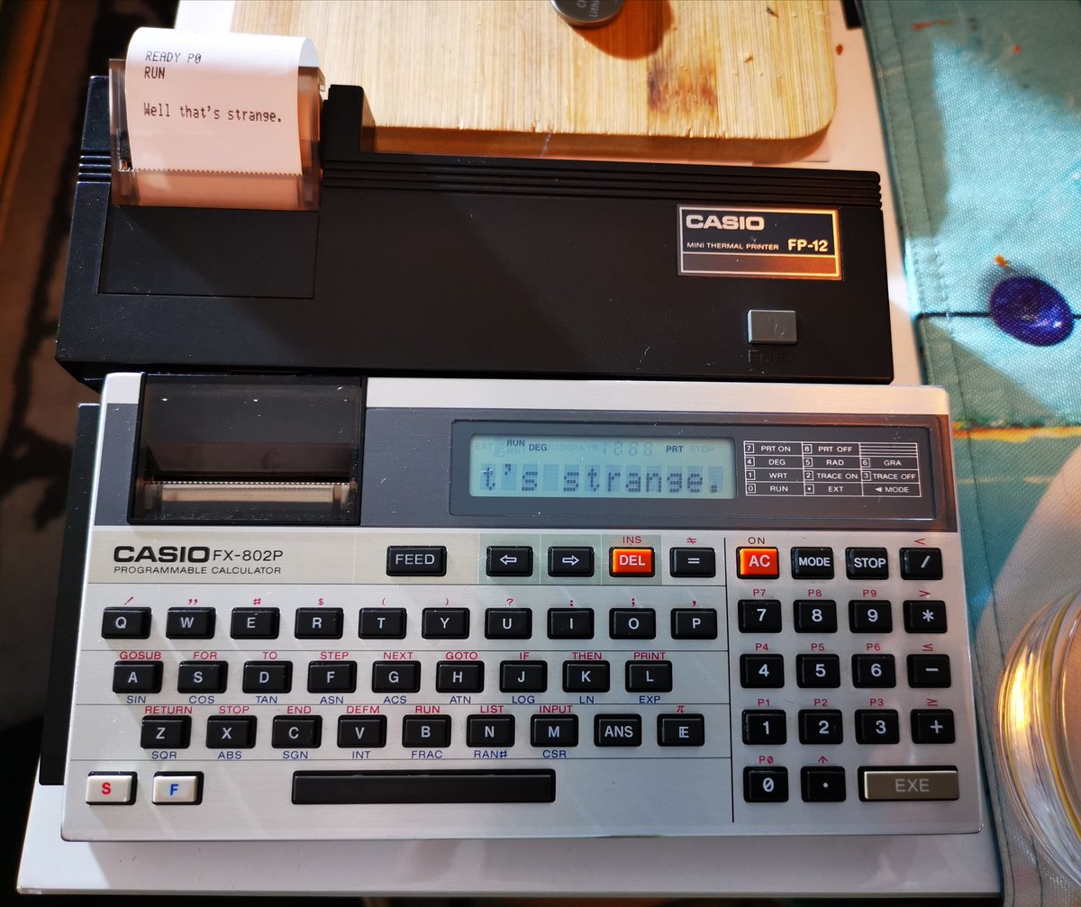 swartz_de's tweet photo. Apparently, a #Casio Pocket Computer with a built in printer has no problems with being hooked up to another printer. I wonder how many you could daisy chain together if the #FP12 had a passthrough? #randomsaturdaymusings #fx802p #ポケコン https://t.co/cDuvm9rnrc