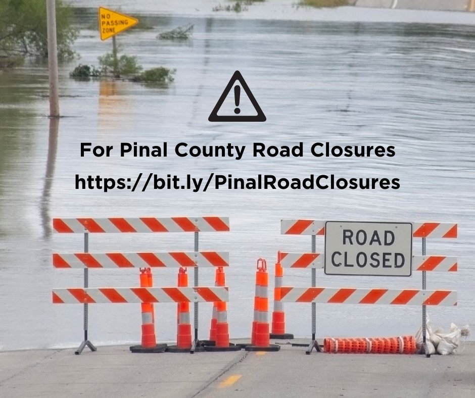 PinalCountyOEM's tweet photo. Visit our Pinal County road closure webpage for up-to-date information.  Currently, Sunland Gin Road is closed from Green Reservoir Rd to Pearce Rd due to the Santa Cruz River crossing the roadway.  https://t.co/l28QLRbNSs https://t.co/KOmLGn0HAH