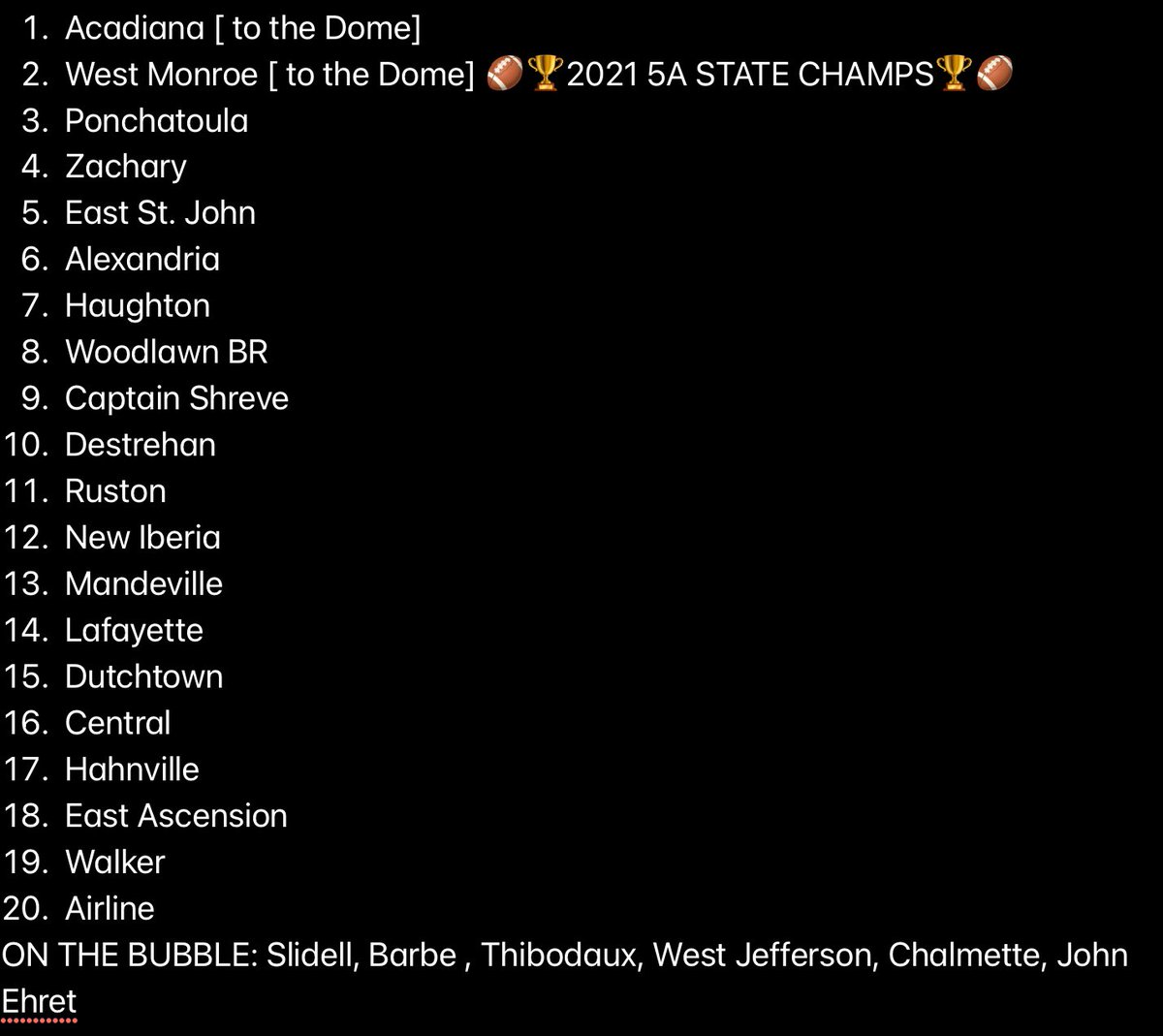 Louisiana5AD1's tweet photo. 🏈🏆🏈🏆🏈🏆🏈🏆🏈🏆🏈
2021 Pre Season 5A Top 20

It quite competitive this year! 

Can acadiana THREE PEAT? 

Only ONE program has ever done that in 5A! (Since 1991)
👉🏼 West Monroe in 96-97-98 https://t.co/MEmpEglsOf