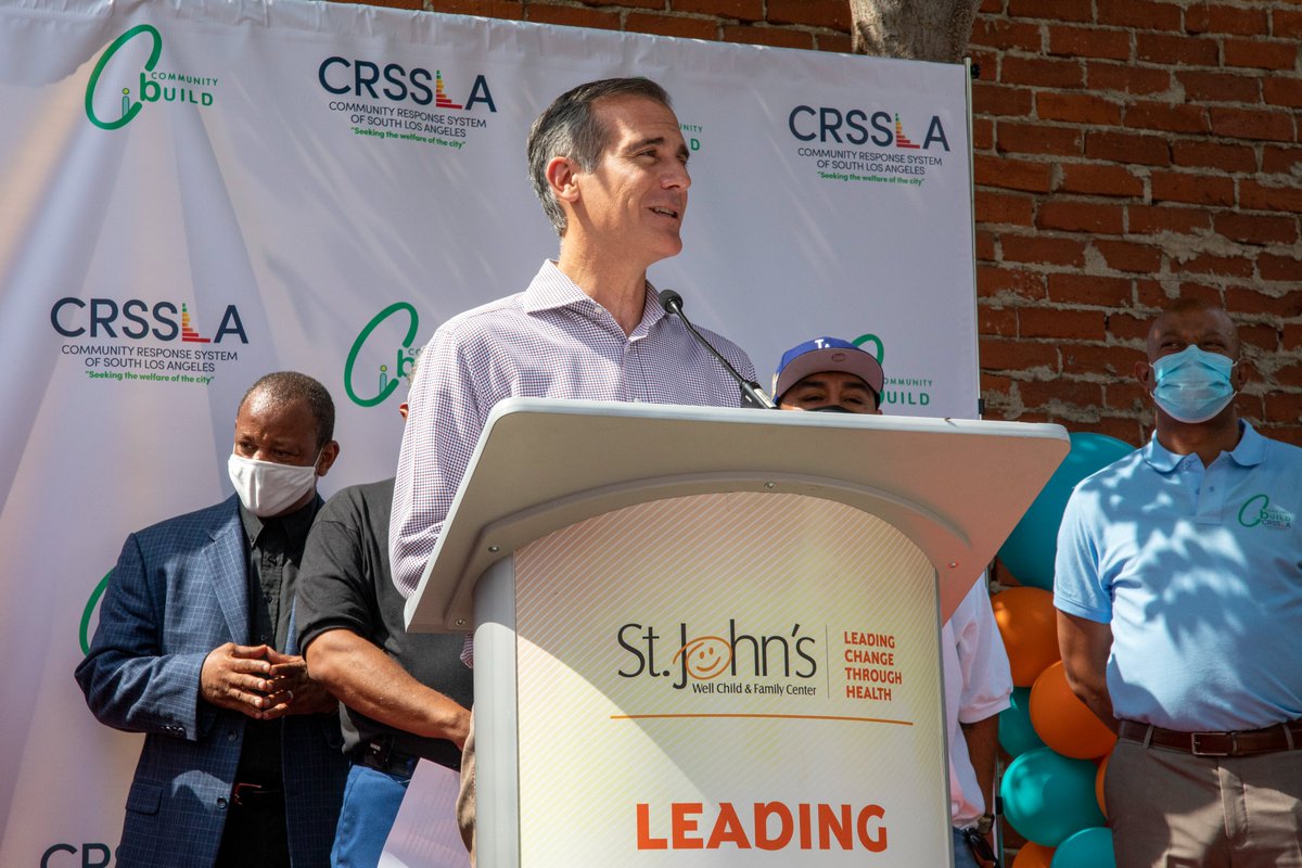 Mayor Eric Garcetti speaks at pop-up vax event hosted by St. Johns, L.A. Chamber of Commerce, and Community Build to encourage South L.A. residents to get vaccinated.