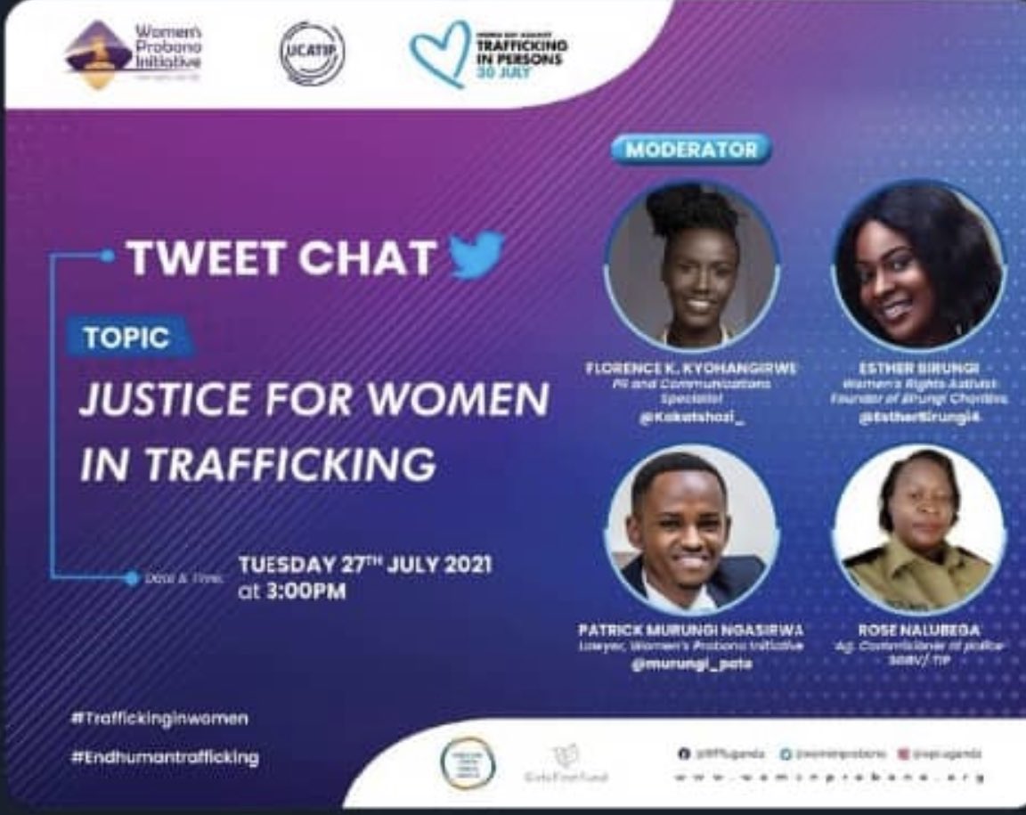 I am pleased be part of this discussion on #JusticeForWomen affected by #traffickinginpersons.  #EndHumanTrafficking <a href="/UCATIPUG/">Coalition Against Trafficking In Persons Uganda</a> <a href="/PoliceUg/">Uganda Police Force</a> Thank you <a href="/WomenProbono/">The Women's Probono Initiative</a> <a href="/KYAMAZIMA/">Monica</a> for putting it together