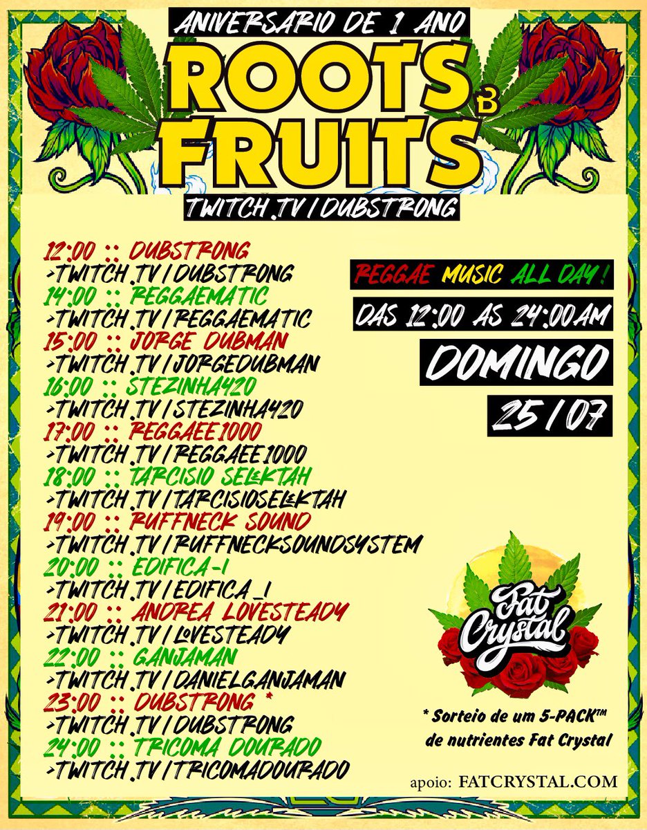 dubstrong's tweet photo. Nesse Domingo (25) tem comemoração especial 1 ano de ‘Roots &amp; Fruits’ na twitch. 
12 horas de reggae !
Enche os pote e cola com nóis 🔥🪴https://t.co/gX88AWu2sU https://t.co/13g5WBnYo0