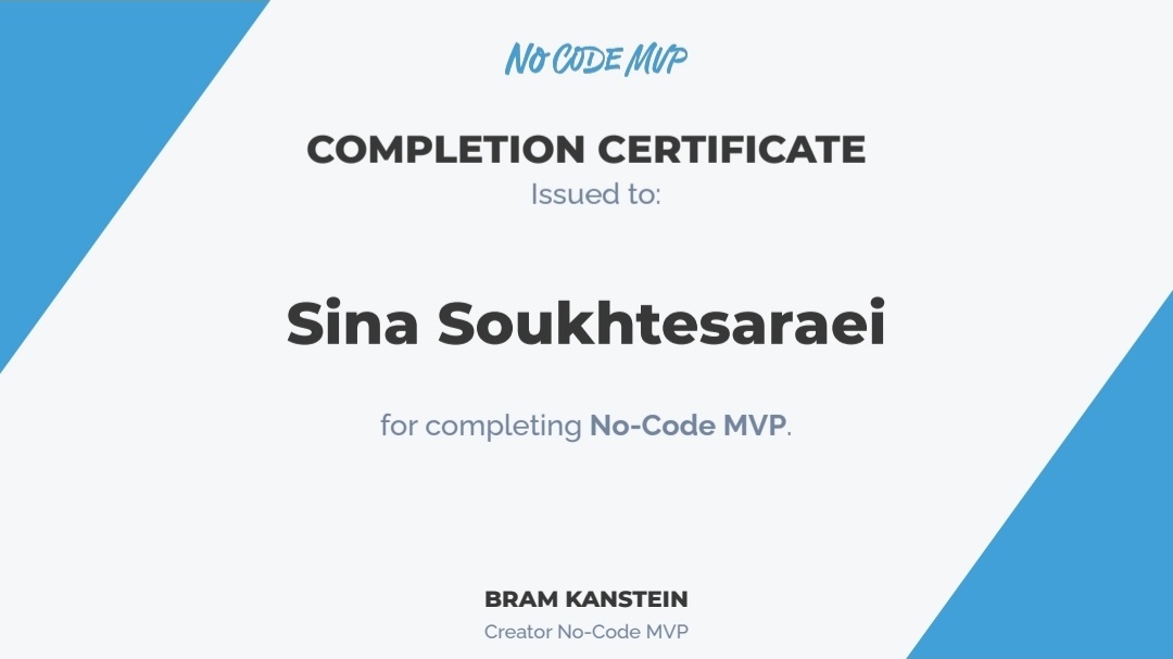 NocodeMVP Course 🎓
One of the most updated and valuable frameworks on evaluating startup ideas without coding.
Creator: <a href="/bramk/">Bram Kanstein</a> 
#گَنگه_استارتاپی