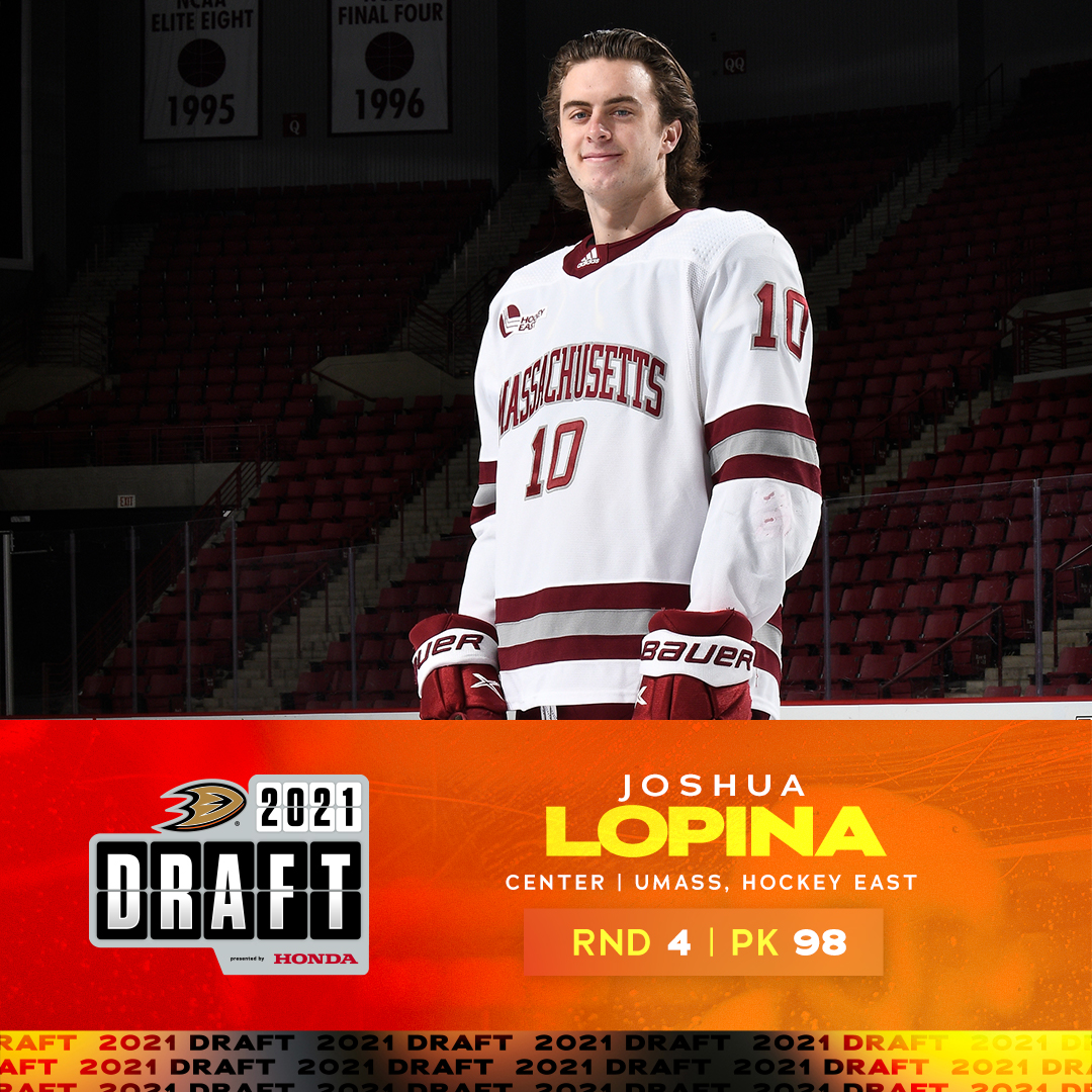 AnaheimDucks's tweet photo. From @UMassHockey, we have made Joshua Lopina our selection in the fourth round!

#DucksDraft presented by @Honda https://t.co/WMsrrBOGos