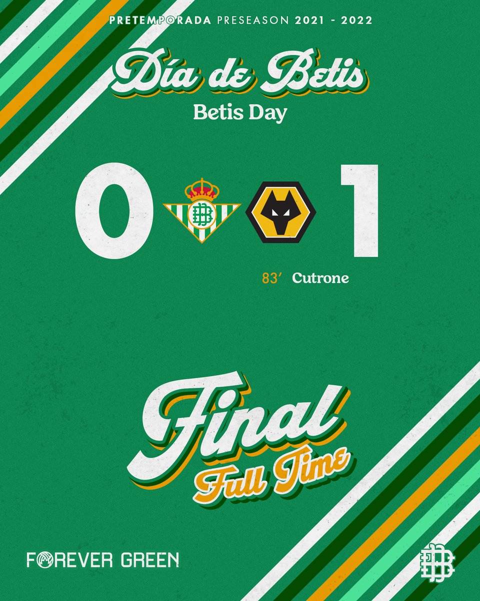 RealBetis_en's tweet photo. 90' ⏱⚽️ Full time
💚🤍 #RealBetisWolves 0-1 🟠⚫
#RBBlive https://t.co/1609sFtON8