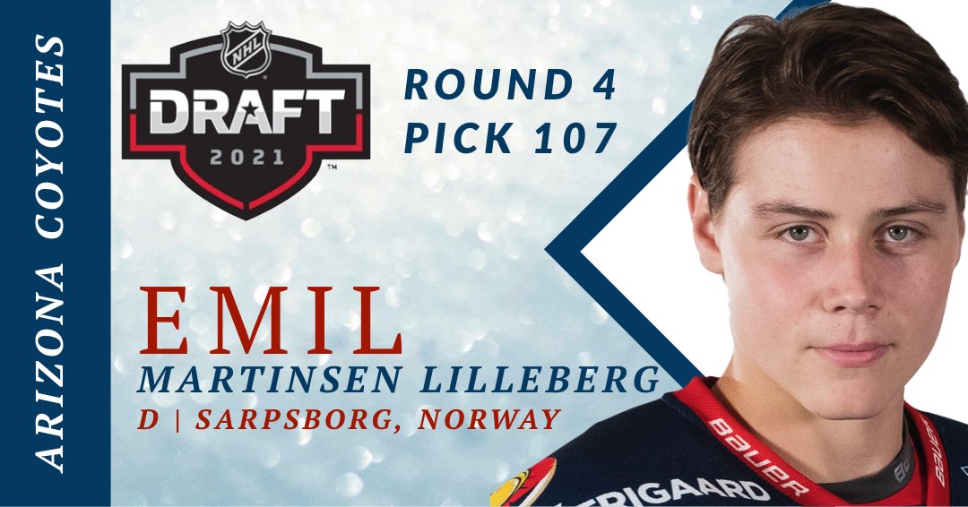 WOW! For en bragd. Emil Martinsen Lilleberg ble valgt av Arizona Coyotes som #107 i runde 4 i #NHLDRAFT2021. Vi gratulerer Emil med Draften og ønsker han lykke til videre i karrieren 🌟🏒 Vi er utrolig stolt av Emil og jobben han har lagt ned for å oppå dette. #EnAvOss #2hockey