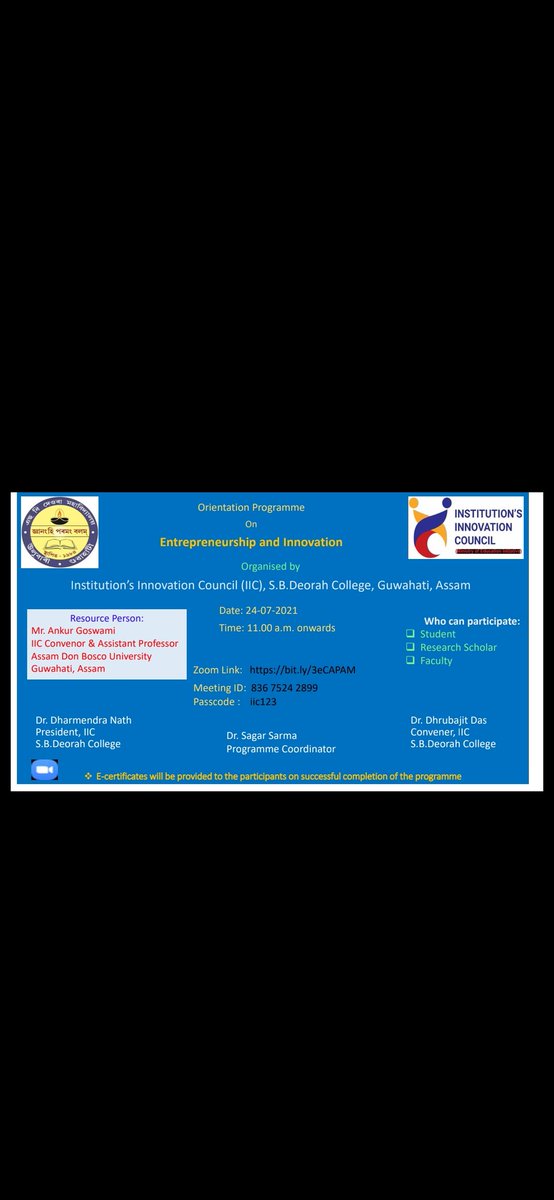 sbdeorahcollege's tweet photo. Our college is delighted to announce the formation of its Institution's Innovation Council (IIC) under the guidelines of the Ministry of Education (MoE). On 24th July 2021, an orientation programme was organised by inviting Mr.Ankur Goswami, who is a trained ambassador of the MoE https://t.co/zjfKGkLsNQ
