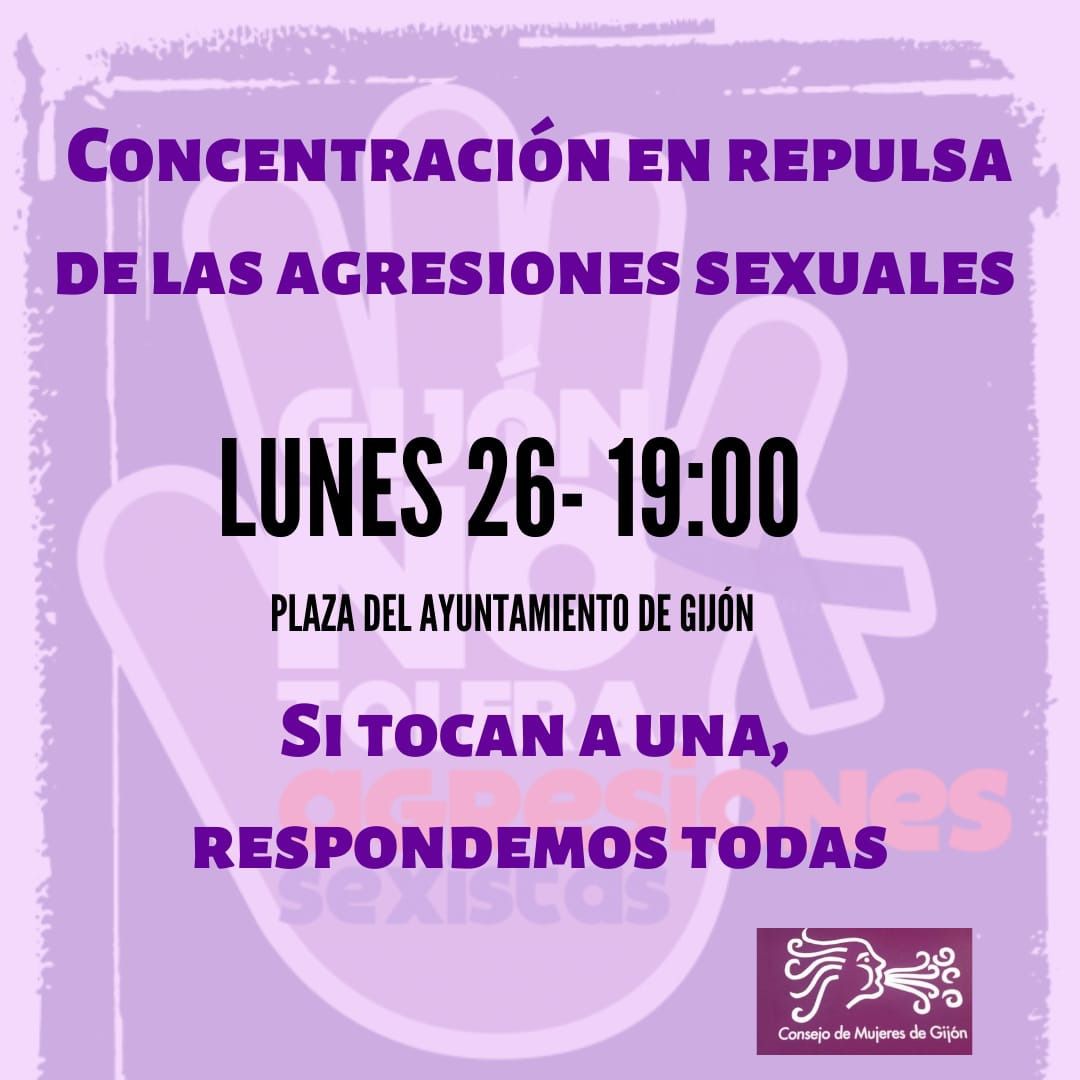🚨 #AlertaFeminista por la deleznable agresión sexual que han sufrido dos compañeras en Gijón. El Consejo de la Mujer de Xixón convoca concentración el próximo lunes antes el Ayuntamiento de Gijón a las 19h . Contra el terrorismo machista #NiUnaMás #NoEstáisSolas