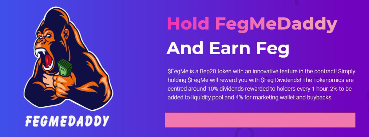 Aping into <a href="/FegMeDaddy/">FegMeDaddy</a>. Stealth launch at 6pm and 9pm utc.
➡️ Rewards holders $FEG

I’ll buy launch &amp; eat some dips, think it might do well with the subtle hype it has going. Team is solid, got some influencers onboard. Moon mission. 🚀#BSC #PancakeSwap
➡️ t.me/FegMeDaddy