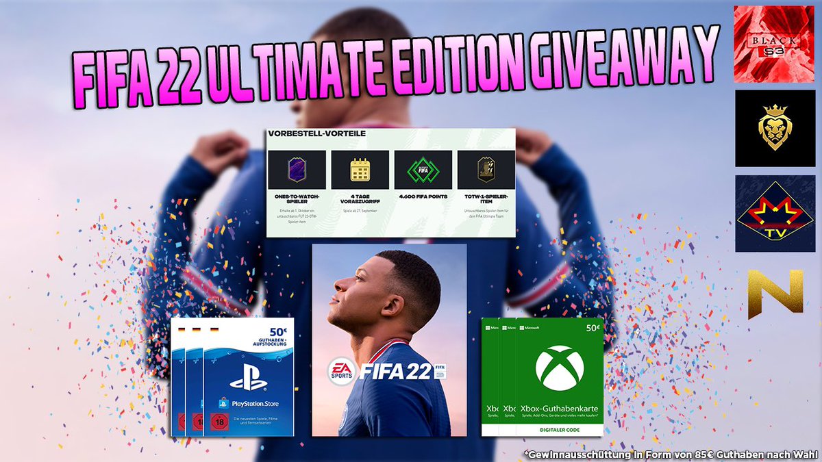 🎁#FIFA22 ULTIMATE GIVEAWAY🎁

Für eure teilweise jahrelange Unterstützung geben wir euch ZUSAMMEN was zurück😍

1x #FIFA22 Ultimate Edition (PS/XB/PC)

TEILNAHME

🔹<a href="/Black__S3/">BlackS3</a>, <a href="/MM___TV89/">MM___TV</a> , @FUT_NoTime &amp; <a href="/CAANO46/">CANO🦁</a> folgen
🔹Like &amp; Retweet🔁
🔹1 User markieren

Auslosung 19.09.21✅