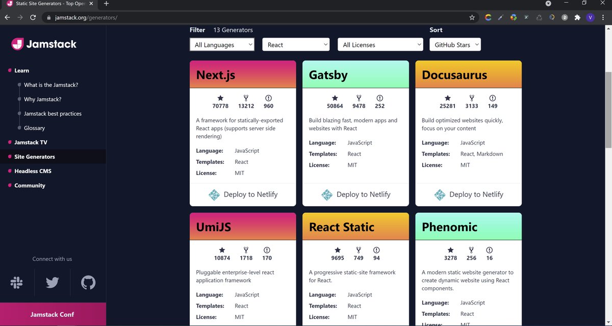romashkin_dev's tweet image. #Flutter 
Jamstack is the modern direction in web development.
How many static site generators we can find for 
FlutterWeb - 0
React - 13
We need to ask the FlutterWeb team to start fixing the problem with FlutterWebSeo.
jamstack.org/generators/
Retweet #FlutterWebSeo &amp;amp; like