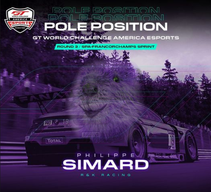 Philippe Simard making us proud in Pole position for <a href="/gtworldcham/">GT World Challenge America pwd by AWS</a> Esports at Spa! Good luck to our fellow mammals <a href="/MichaelWhyteCA/">Michael Kundakcioglu</a> and <a href="/_KillianRM/">KillianRM</a>.