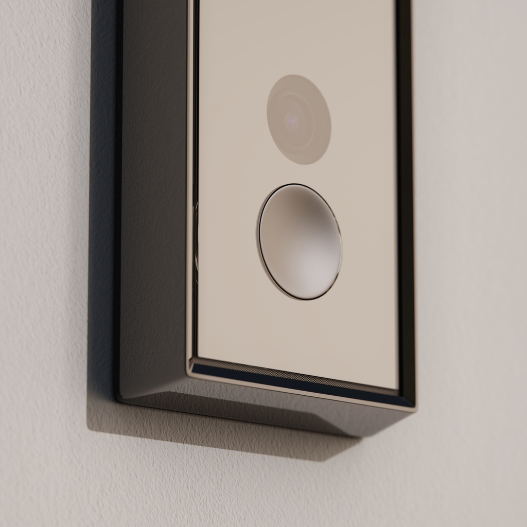 The Warm Welcome. A smart doorbell that compliments your home’s curb appeal #smartdoorbell #warmwelcome #industrialdesign #doorbell #interiordesign #greeting #conceptproject #productdesign #videochat #design #render #keyshot #peephole #button #camera #detail #closeup #reflection