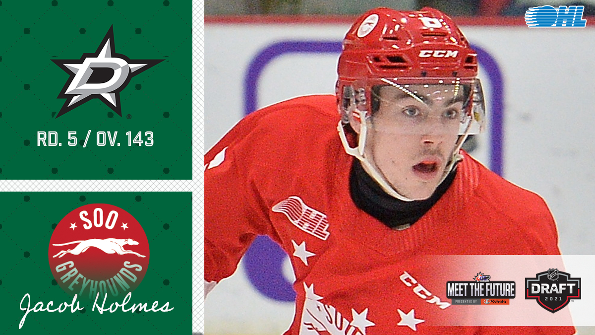 OHLHockey's tweet photo. Congrats to #OHL defenceman Jacob Holmes (@homer7474) of @OHLHoundPower, selected 143rd overall by the @DallasStars in the 2021 #NHLDraft!

#MeetTheFuture | @KubotaCanadaLtd https://t.co/IwoTKB0iJF