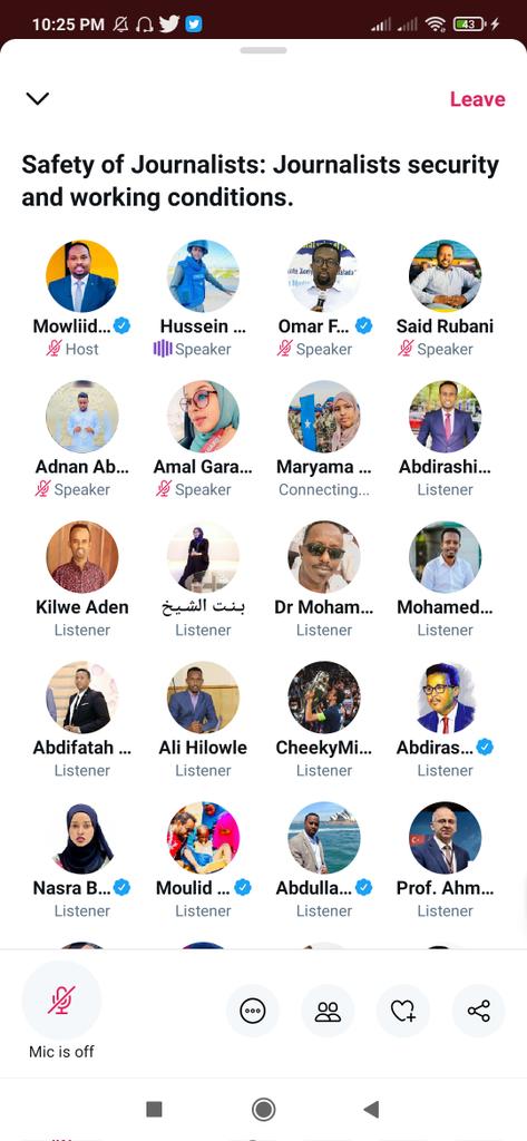 Happening now!
#TwitterSpace, On safety of journalists: Journalists security and working conditions hosted by <a href="/MowliidHaji/">Mowliid Haji Abdi</a> + Speakers <a href="/OmarFarukOsman/">Omar Faruk Osman</a>
<a href="/HussienM12/">Hussein Mohamed</a> <a href="/HarareMohamed/">Mohamed Harare</a> <a href="/AdnanAbdiAli3/">Adnan Abdi Ali</a> .