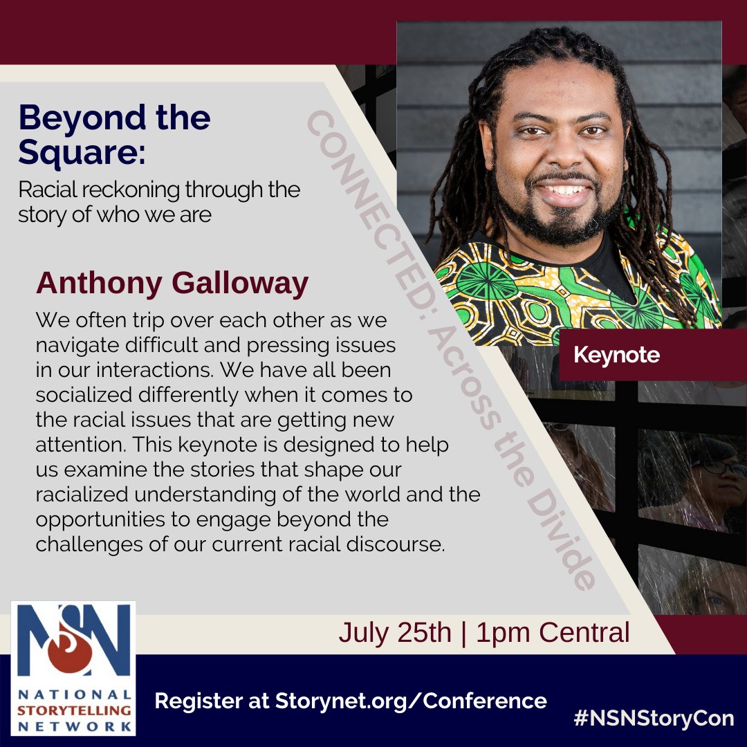NSNStorytellers's tweet photo. CONNECTED ATTENDEES: Don't miss our Sunday keynote speech with Anthony Galloway at 1:30 CT!  Anthony will be examining the stories that shape our racialized understanding of the world in an effort to engage beyond the challenges of our current racial discourse. #acrossthedivide https://t.co/LfaRdabE6X