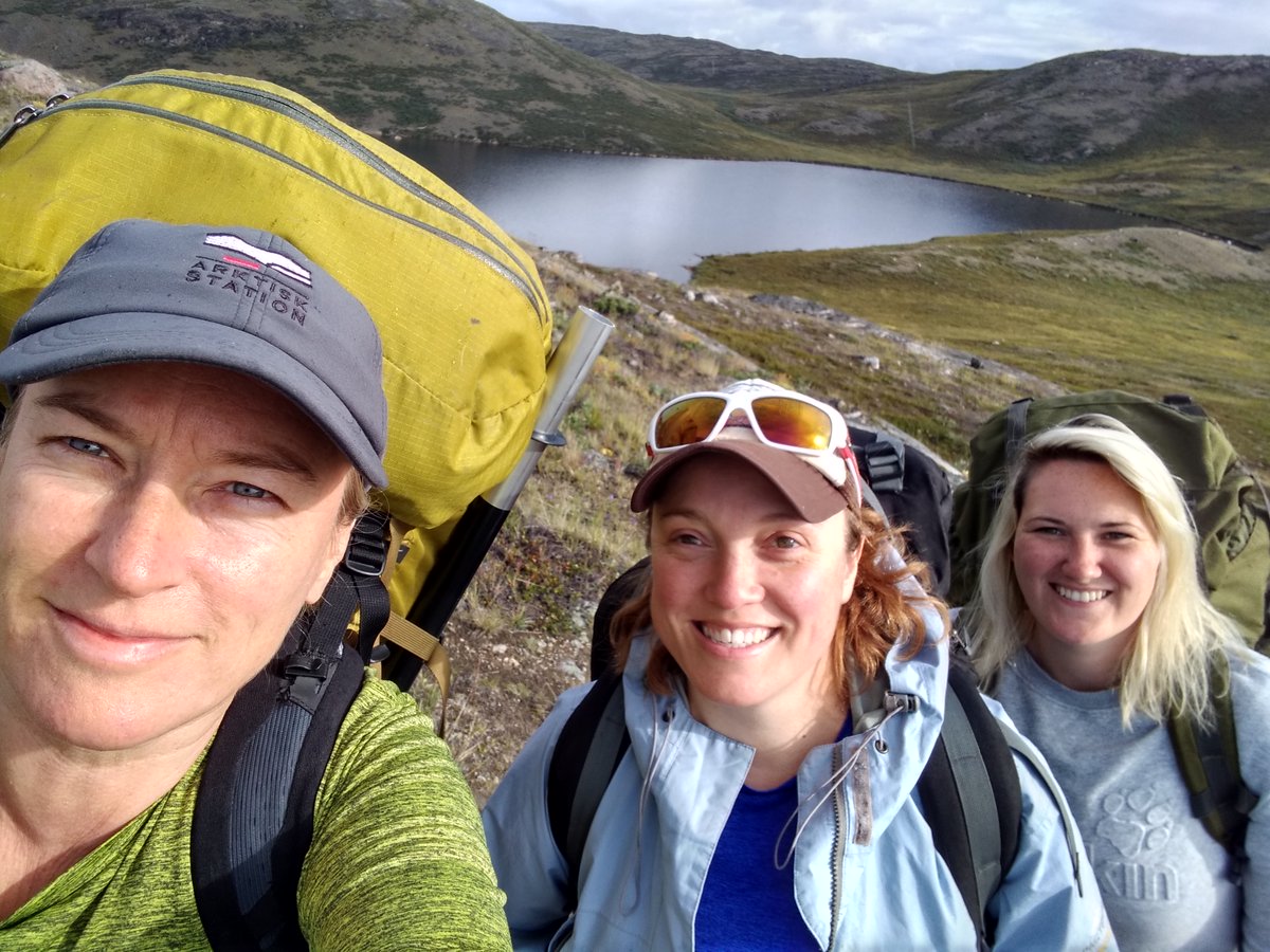 Suz_McG's tweet photo. Off on a #limnology trek to the salt lakes of Kangerlussuaq. Happy start to the day before being ravaged by damp foot, mosquito bites and limnology cuff @Suz_McG @AmandaMerle1 @lucyrroberts https://t.co/czkYJccQXM