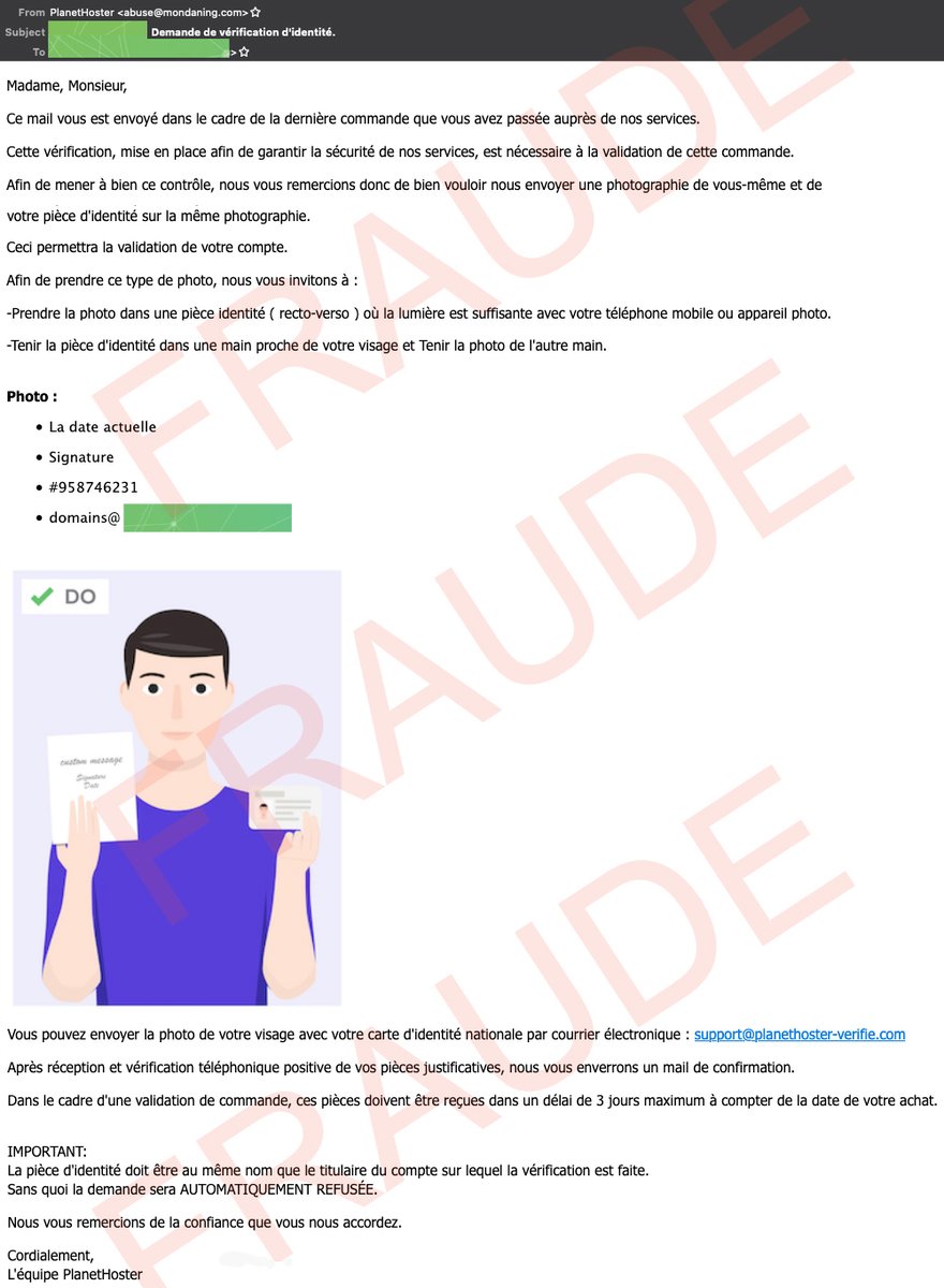JasonPHSupport's tweet image. 🛑 #PHISHING 📧 | Campagne de #hameçonnage ciblant actuellement la clientèle #PlanetHoster. Il est important de ne pas obtempérer à la demande et de signaler le mail comme étant frauduleux. 
@PlanetHoster

Source: abuse@mondaning.com
Destination: planethoster-verifie[.]com

Ex.: