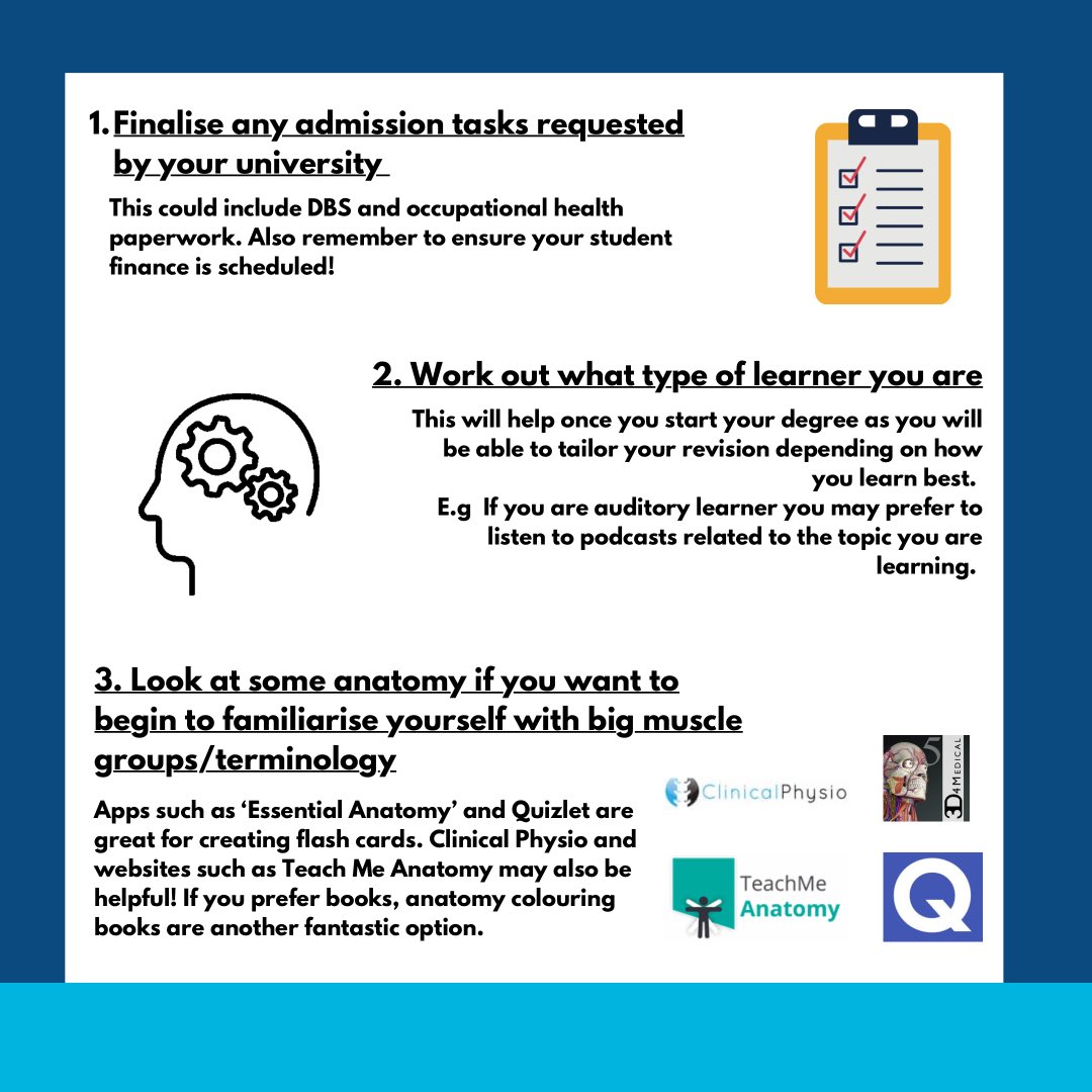 PMFirstSteps's tweet image. Are you starting a Physiotherapy degree soon? Here are some ideas for things you could do this Summer🤩 Let us know if you have any other tips!