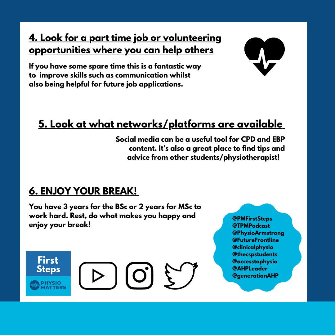 PMFirstSteps's tweet image. Are you starting a Physiotherapy degree soon? Here are some ideas for things you could do this Summer🤩 Let us know if you have any other tips!