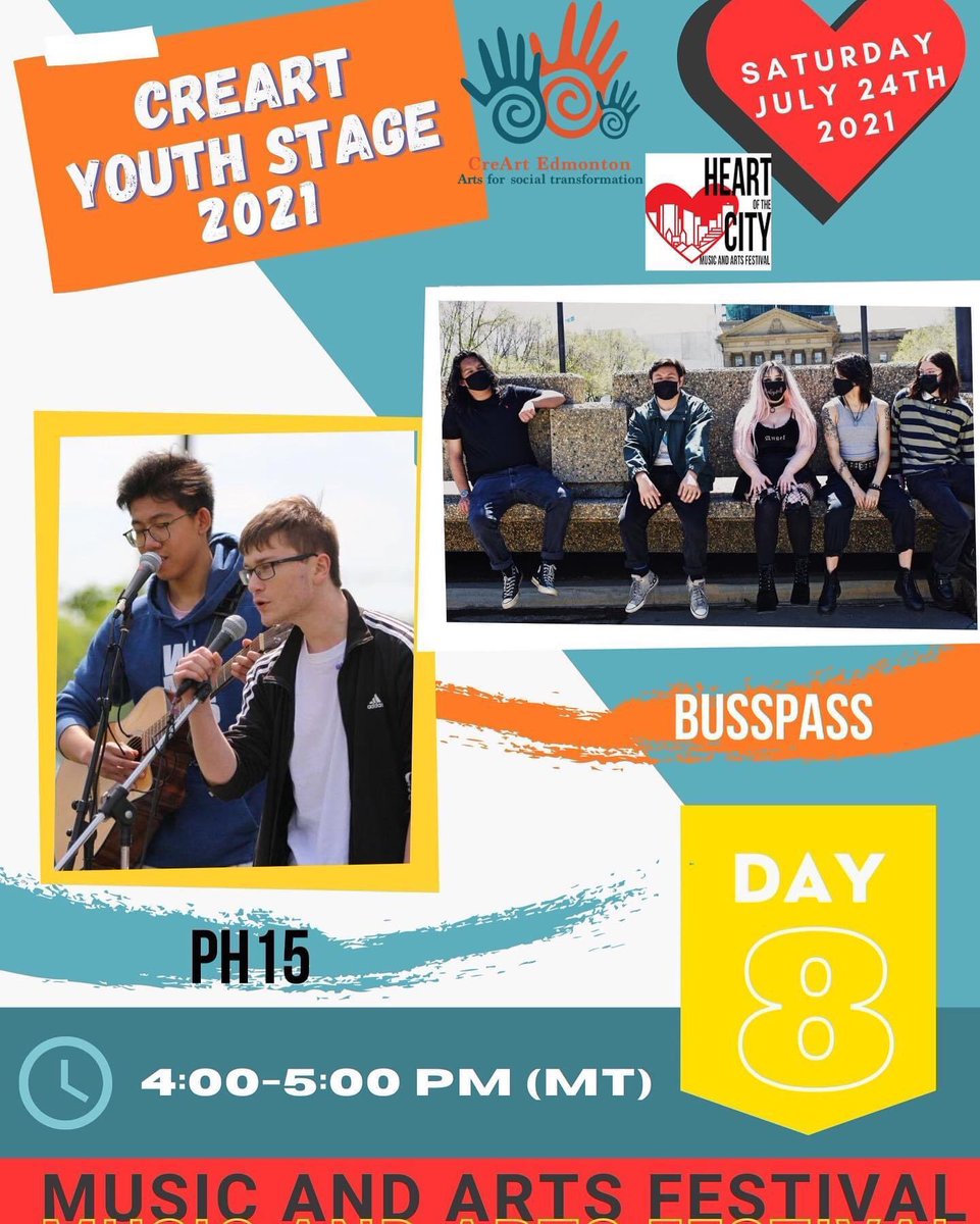Coming up at 4pm mountain time: day eight of the <a href="/heartcityfest/">Heart of the City</a> CreArt Youth Stage! Watch PH15 and  Busspass perform live on our Facebook page! facebook.com/creart.edmonton #HeartCityFest #CreArt #yegmusic
