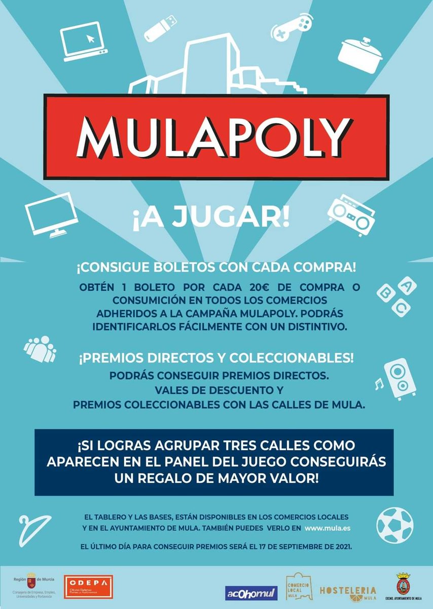 ¡Participa y apoya al comercio local!

Inspirado en el juego de mesa ‘Monopoly’, Mulapoly consiste en la adquisición de un boleto por cada 20 euros de compra, con un máximo de cinco boletos por compra, en cualquier comercio adherido a la campaña.