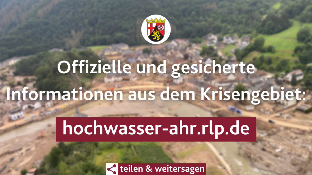 ‼️Bitte teilen und weitersagen.‼️ 

Offizielle und gesicherte Informationen zur Lage im Krisengebiet #Ahrweiler gibt es ab sofort auch auf:

▶️ hochwasser-ahr.rlp.de ◀️

#Hochwasser #Ahr #Infotweet