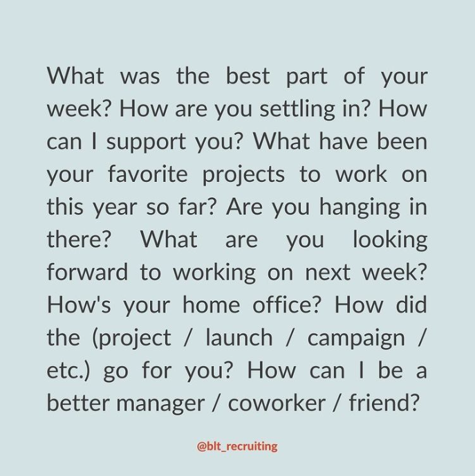 AtheneumColl's tweet photo. Now more than ever, it's important to check in with your employees and coworkers. Do the rounds and make sure that everyone on your team is doing as best as possible. These prompts may help break the ice to have an honest and empathetic check-in.⁠ #Empathetic #RecruitersWhoCare https://t.co/ZbyO6LDvck