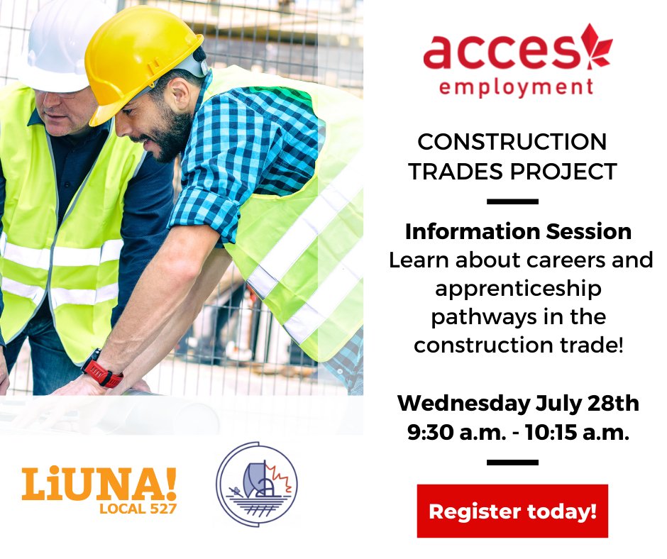Interested in construction?
World class free training,
Limited number of participants,
To know more, Join our zoom info session on July 28th at 9:30AM Ottawa
Career &amp; Apprenticeship Pathways in the Construction Trade
Zoom Meeting
us02web.zoom.us/j/81075843109
Meeting ID: 810 7584 31